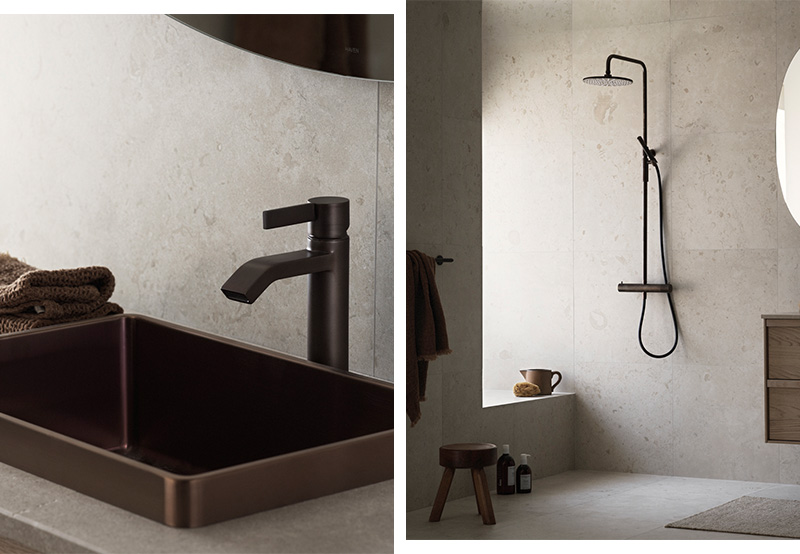 Brune metaller på badet med ARM071 servantbatteri og TVM7200 takdusj fra Tapwell i bronse