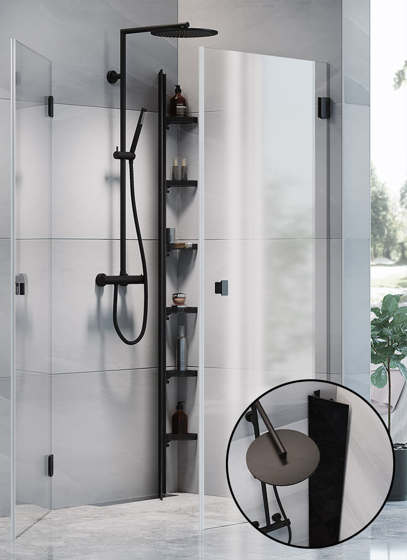 Macro Design Hide dusjoppbevaring med svingbar, sort glassdør