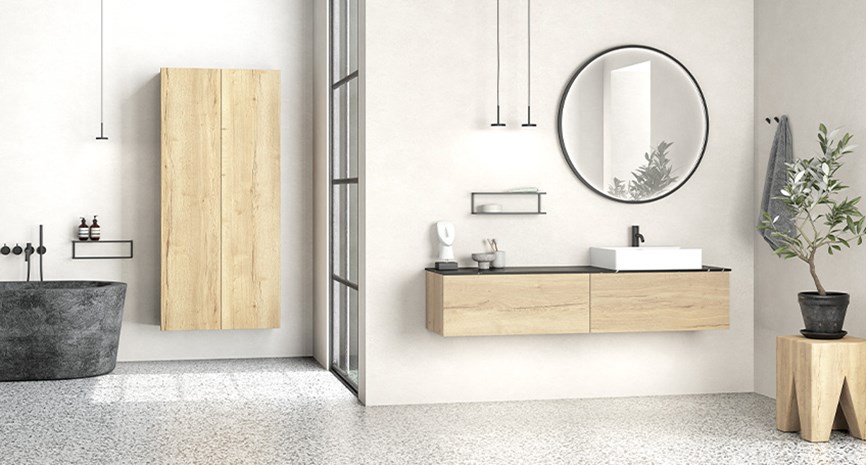 Dansani You Urban baderomsinnredning i natur eik med Moon speil